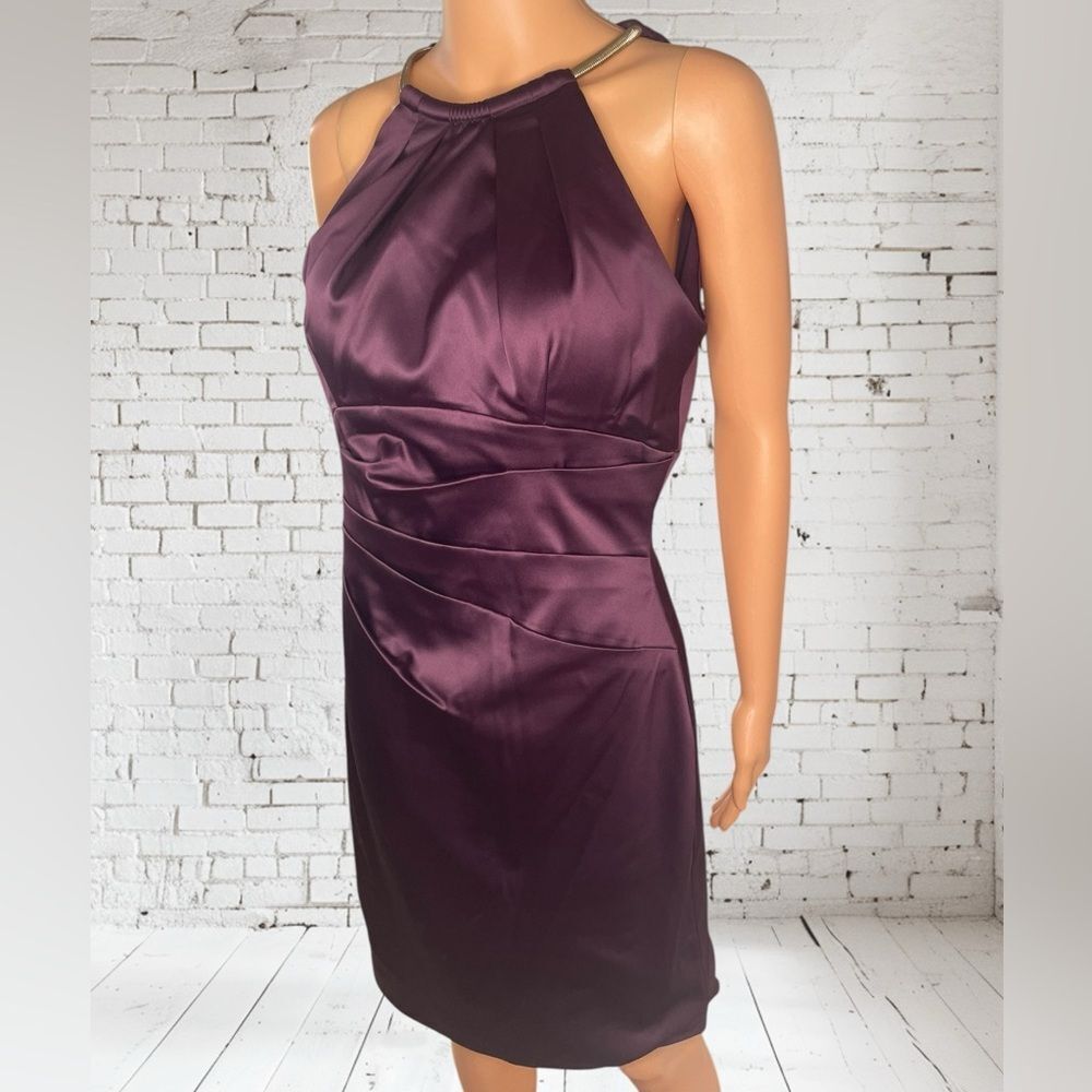 ELIZA J Pleated Satin Halter Neck Fully Lined Midi‎ Dress EUC Size 8 Wine